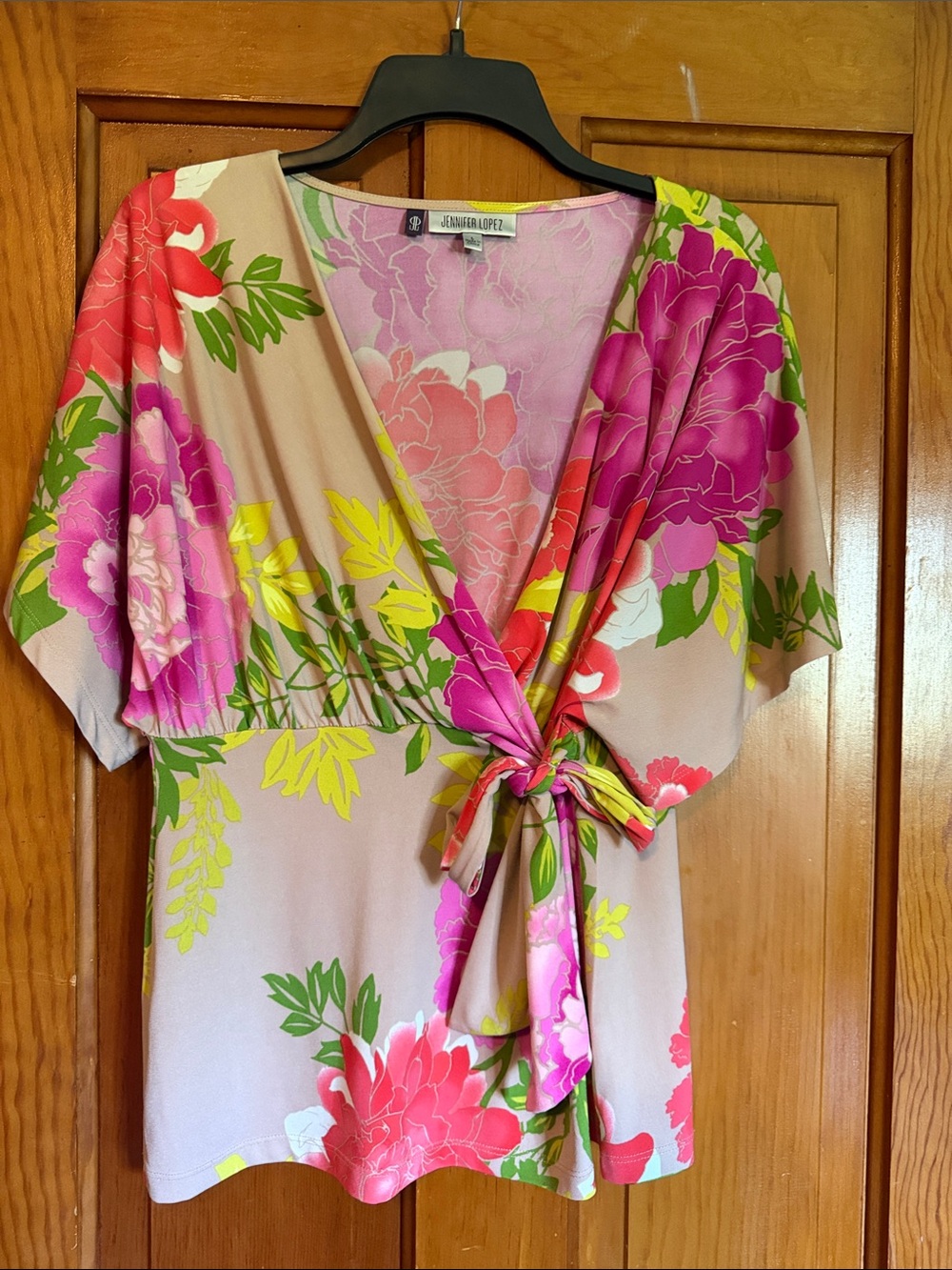 Jennifer Lopez Pink Floral Tie-Front Suroloce Blouse with Yellow & Green Accents